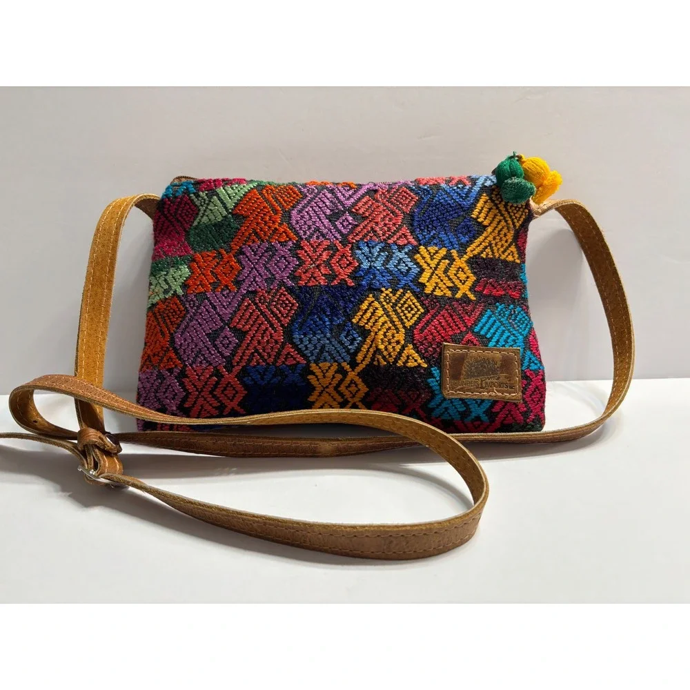 Founders Imports Crossbody Bag Small Multi Color Woven Boho Leather Strap PomPom